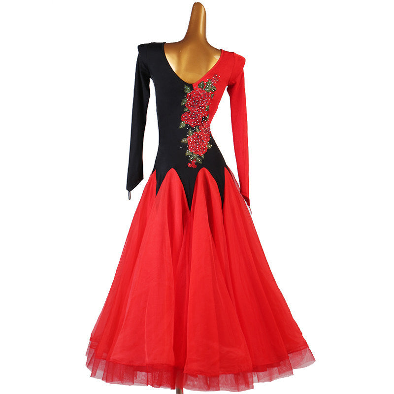 Back view of the rose embroidered ballroom dress with the red tulle skirt