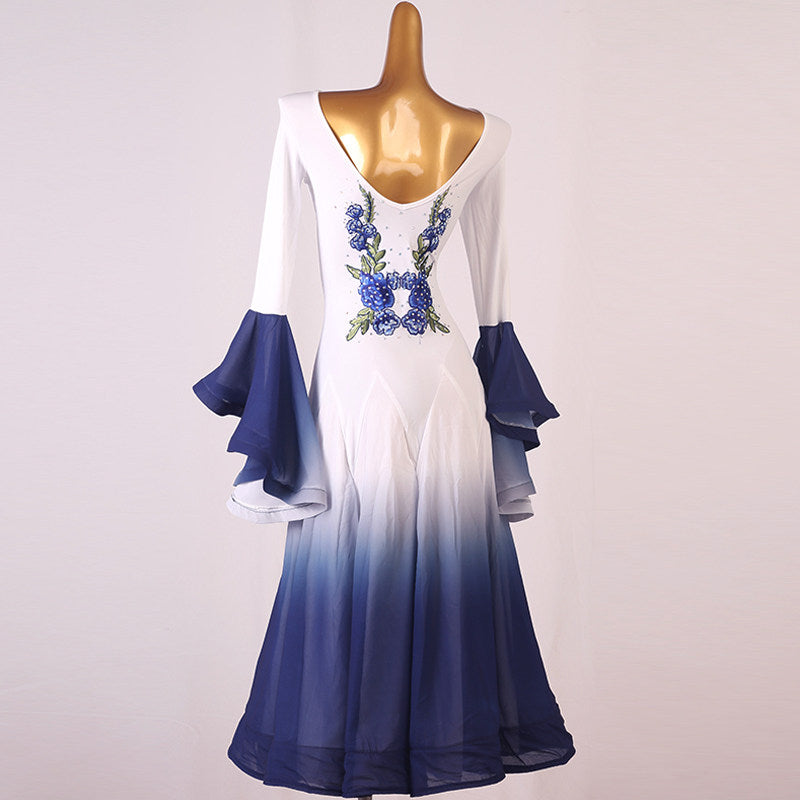 Back view of the white and navy ombre dress showing the scooped back