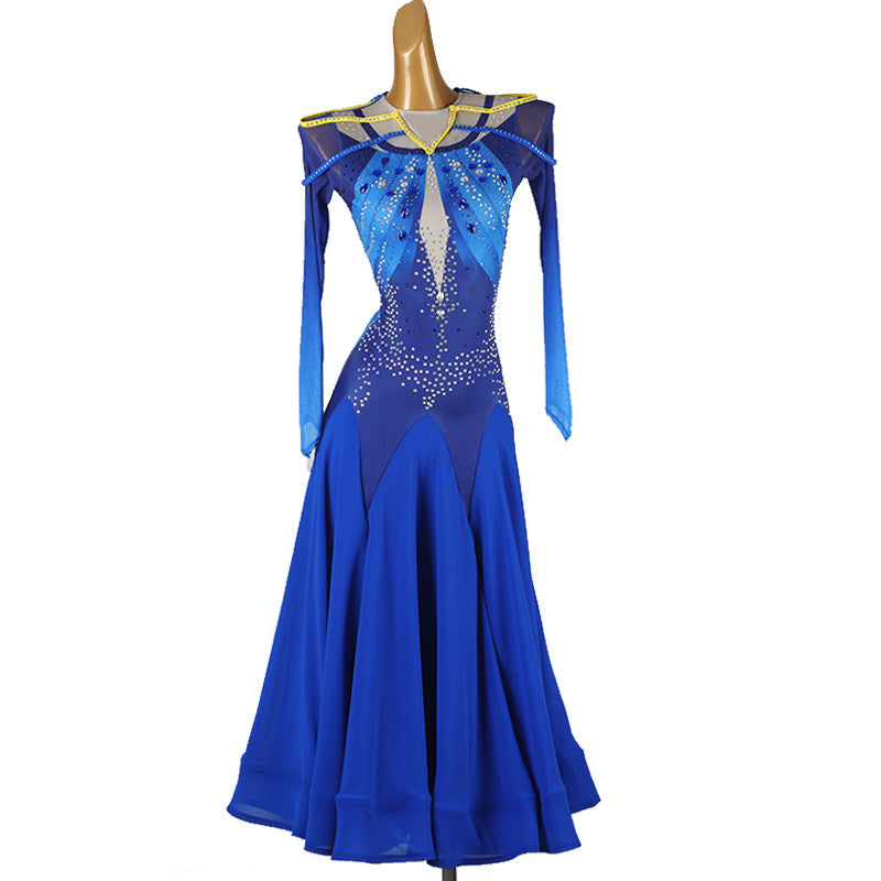 Royal blue competition dress front view with the godet skirt hanging