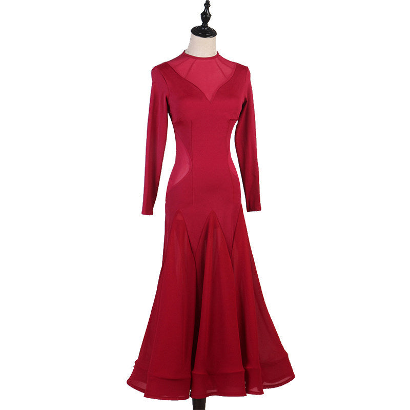 Wine red ballroom practice dress front view with godet chiffon skirt