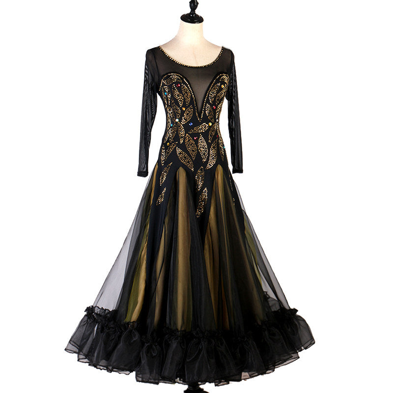 Gold panel ballroom dance dress front view with ruffled hem