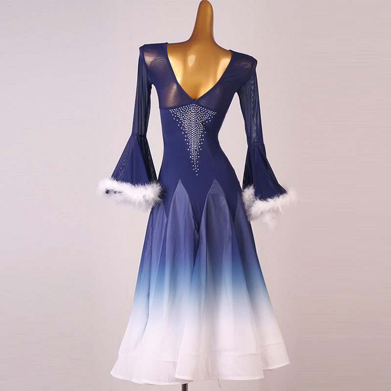 Navy feather cuff ballroom dress front view with the ombre skirt hanging