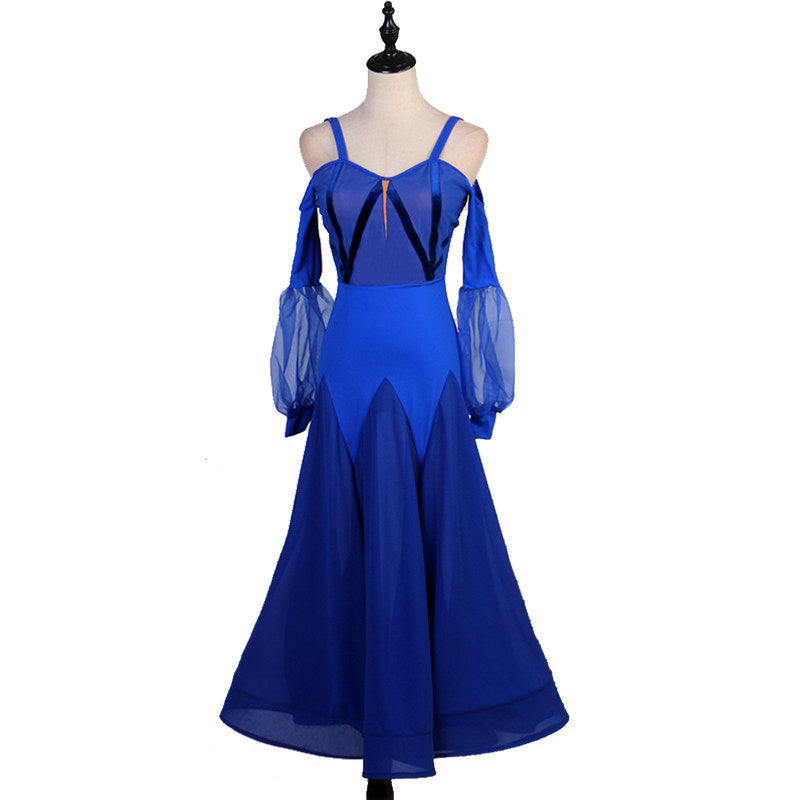 Royal blue cold shoulder ballroom practice dress on mannequin