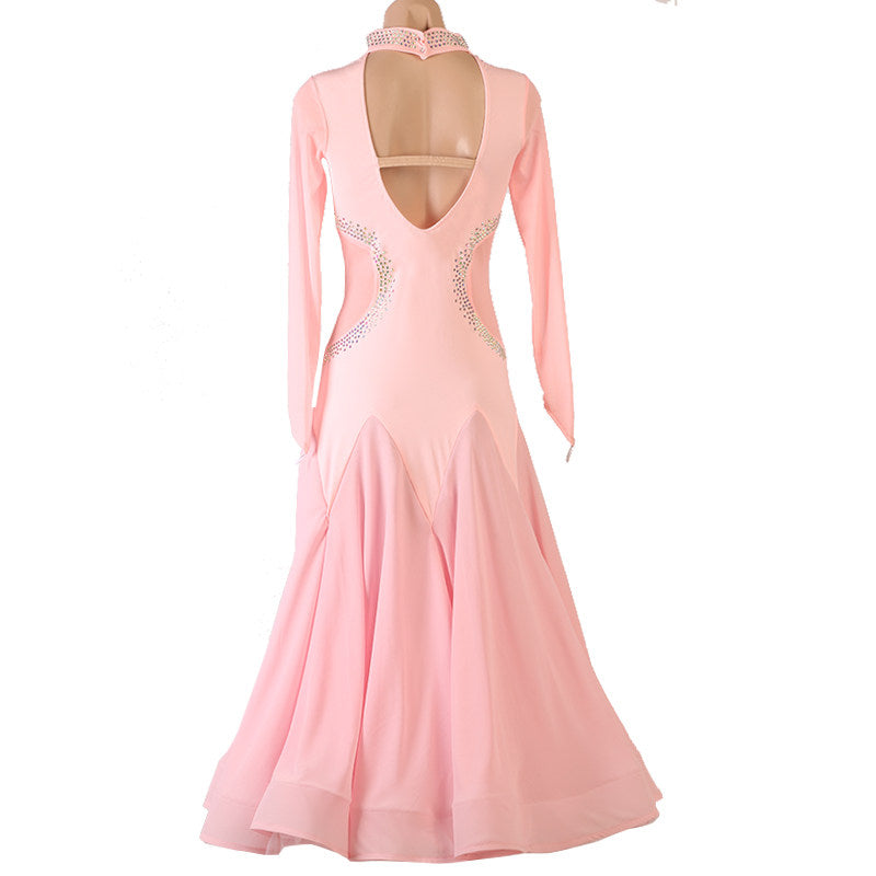 Pink mock neck rhinestone ballroom dress showing the deep V back