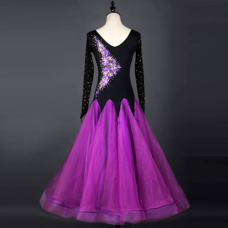 Purple ballroom competition dress front view with layered tulle skirt