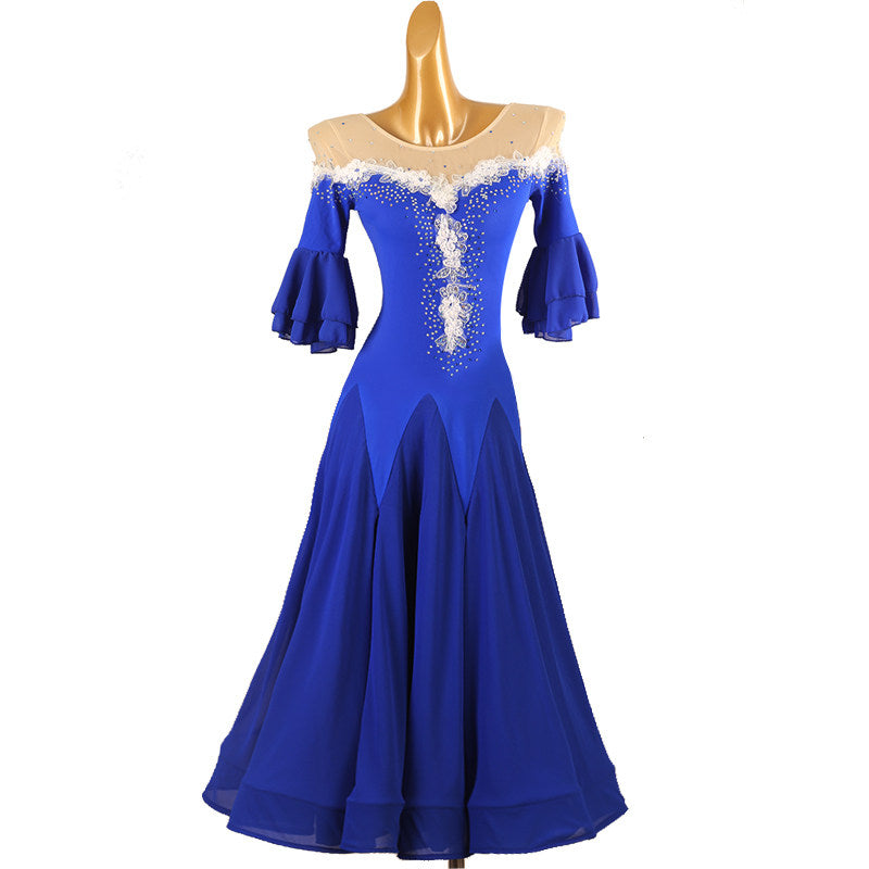 Royal blue lace trim illusion ballroom dance dress on the mannequin
