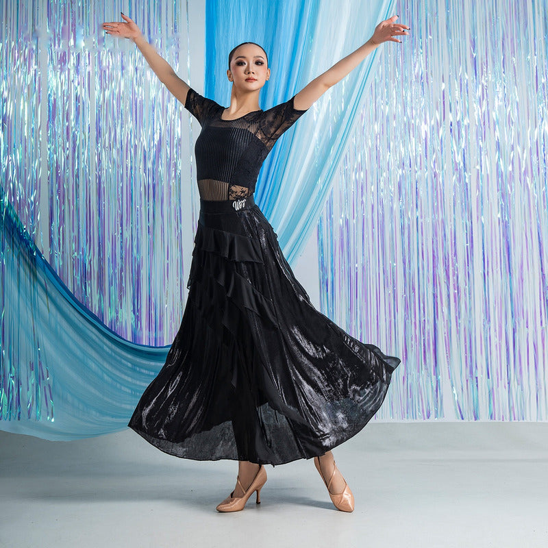 Black chiffon ruffle ballroom skirt opening through a turn