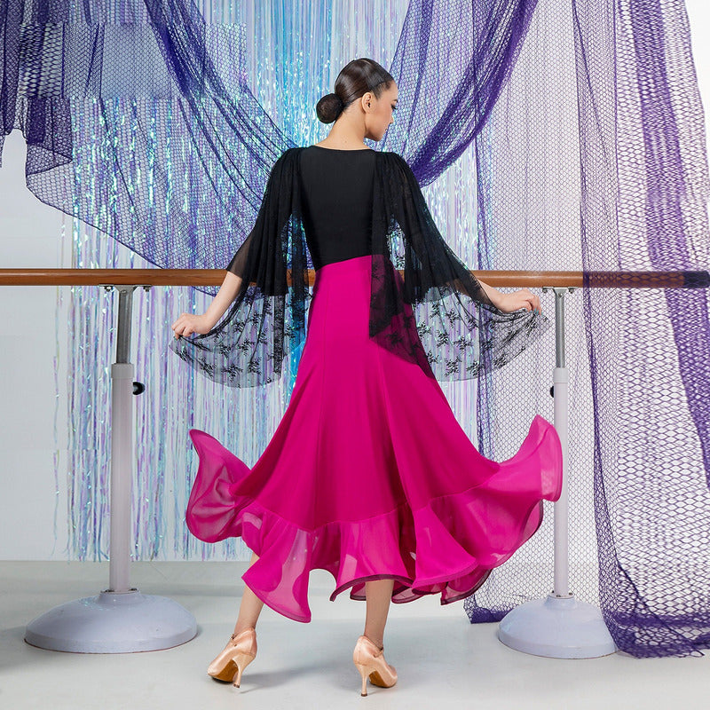 Back view of the fuchsia asymmetric ruffle ballroom dance skirt flaring through a turn