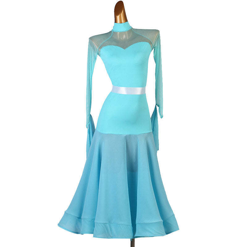 Light blue dance dress front view showing the illusion mesh sweetheart bodice
