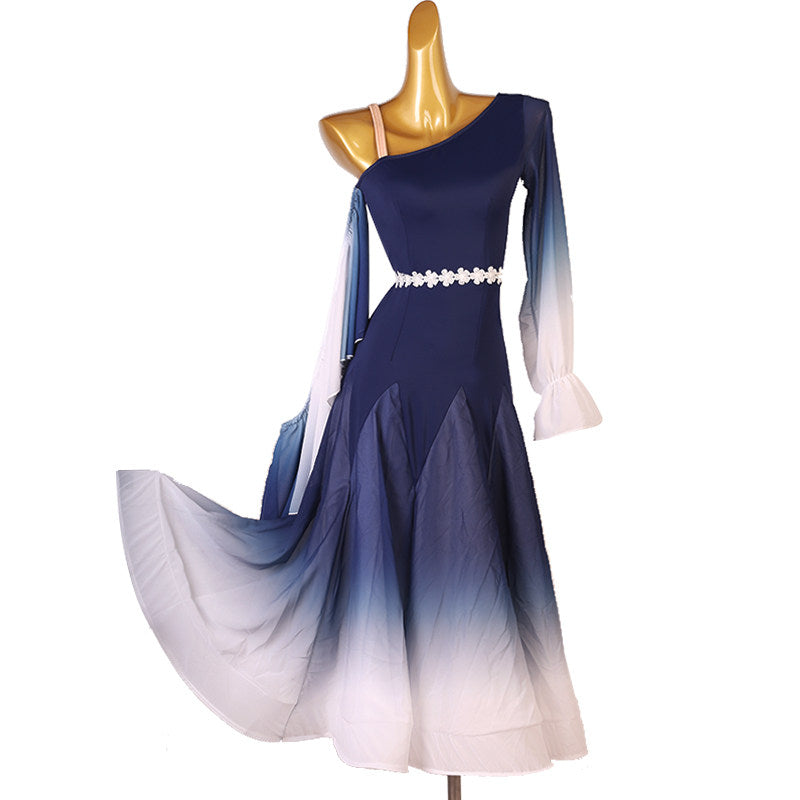 Navy ombre ballroom dress with the chevron skirt swept behind
