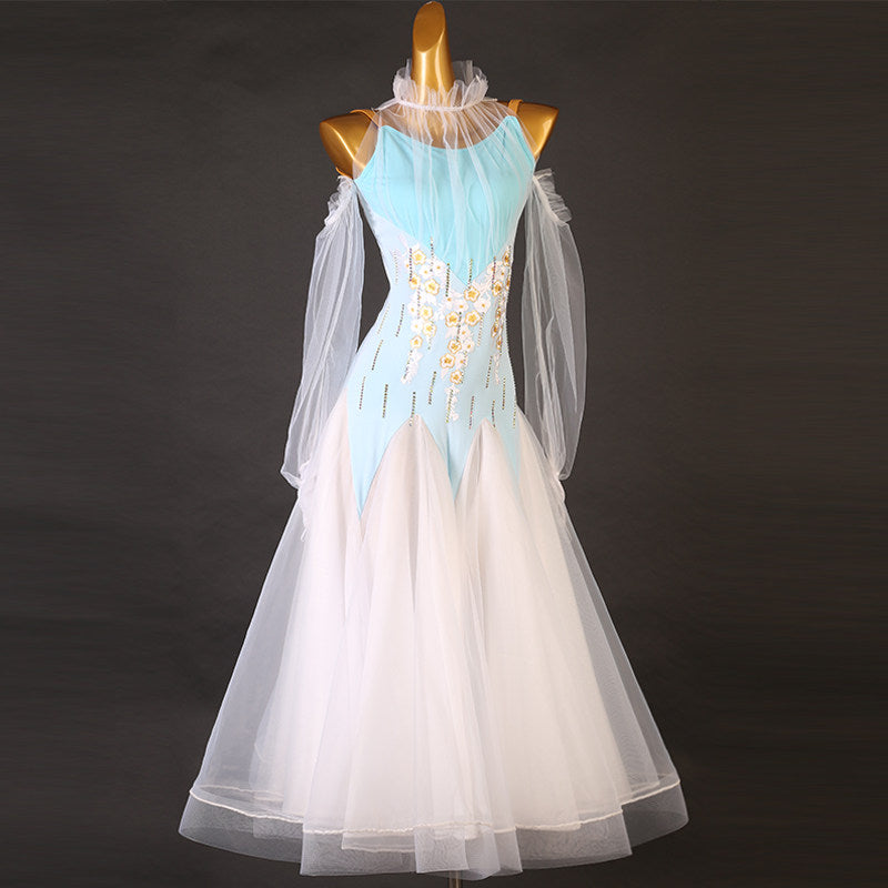 Light blue ballroom dance dress front view with the tulle puff sleeves