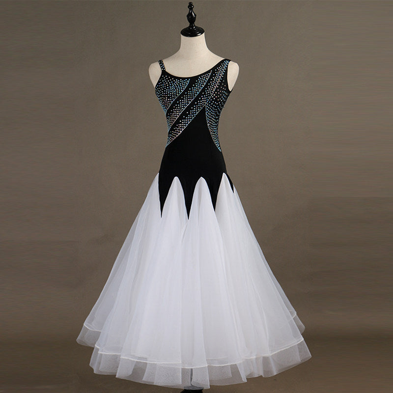 Black and white ballroom gown with one shoulder rhinestone band bodice