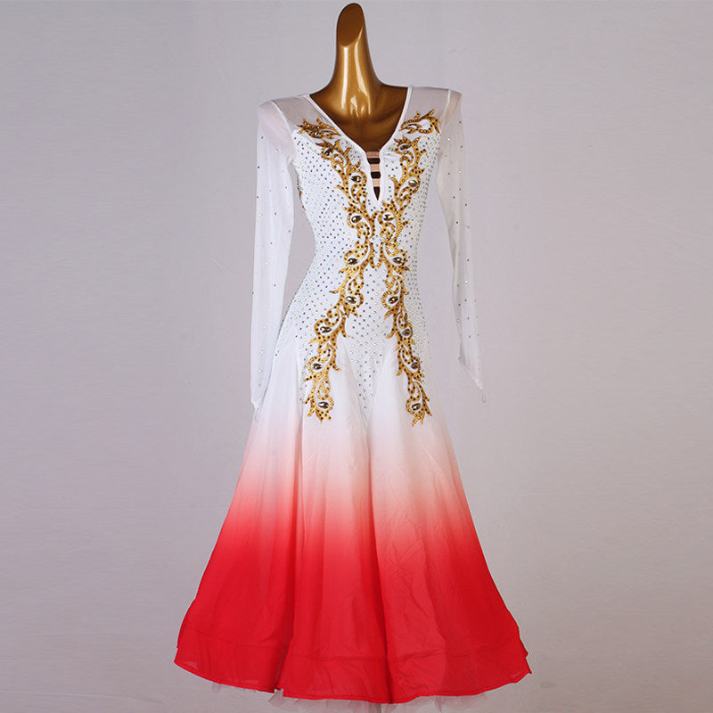 Gold embroidered ballroom competition dress with a red ombre chiffon skirt