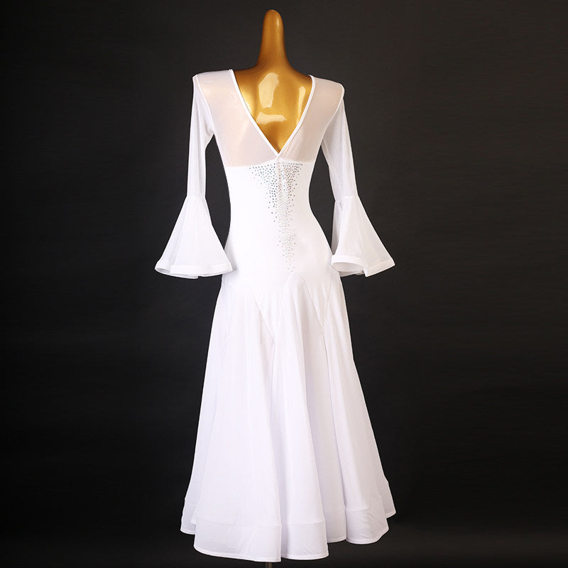 White ballroom dance dress with the illusion mesh neckline seen close