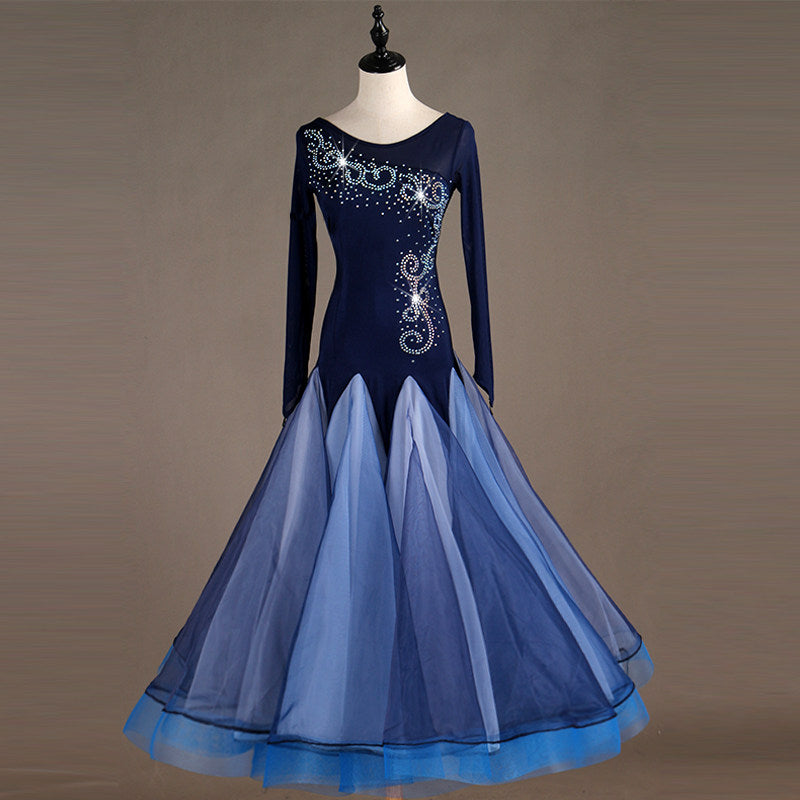 Navy ballroom dance dress on mannequin with beaded velvet bodice