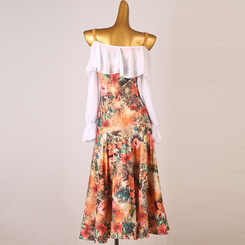 Floral print ballroom dress with the white bishop sleeves at the sides