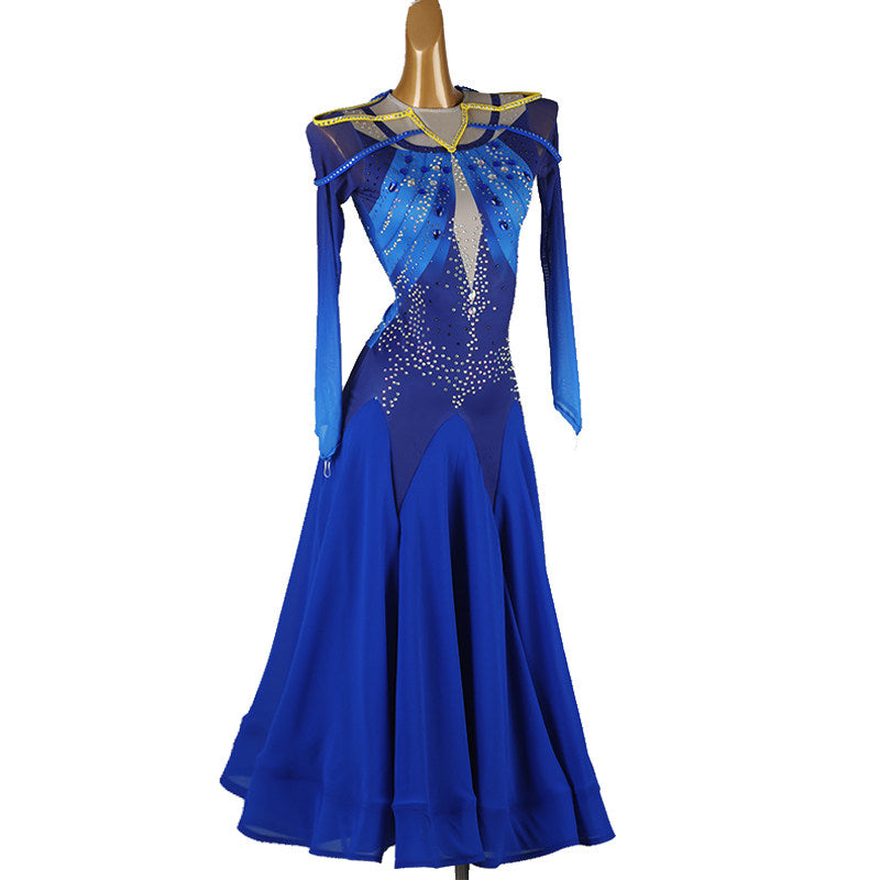 Royal blue ballroom dress with the streamer sleeves falling at the sides