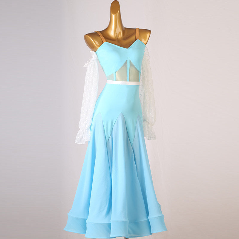 Light blue ballroom dress front view with the godet skirt hanging