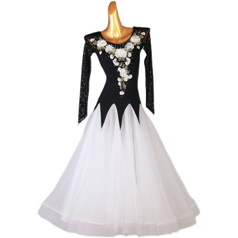 Black bodice version of the floral applique ballroom dance dress