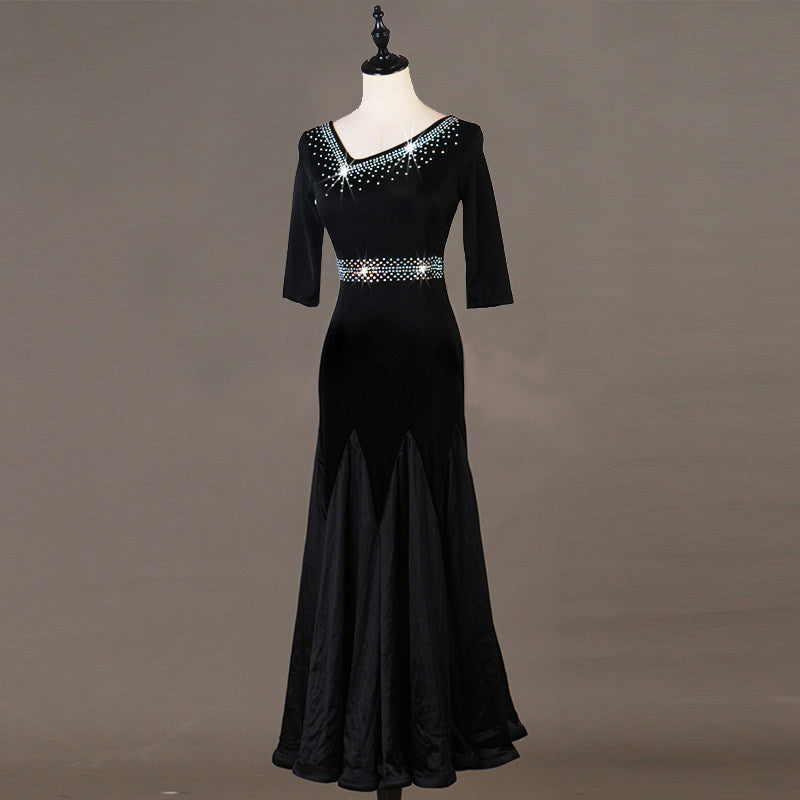 Black satin ballroom gown standing front view with godet skirt