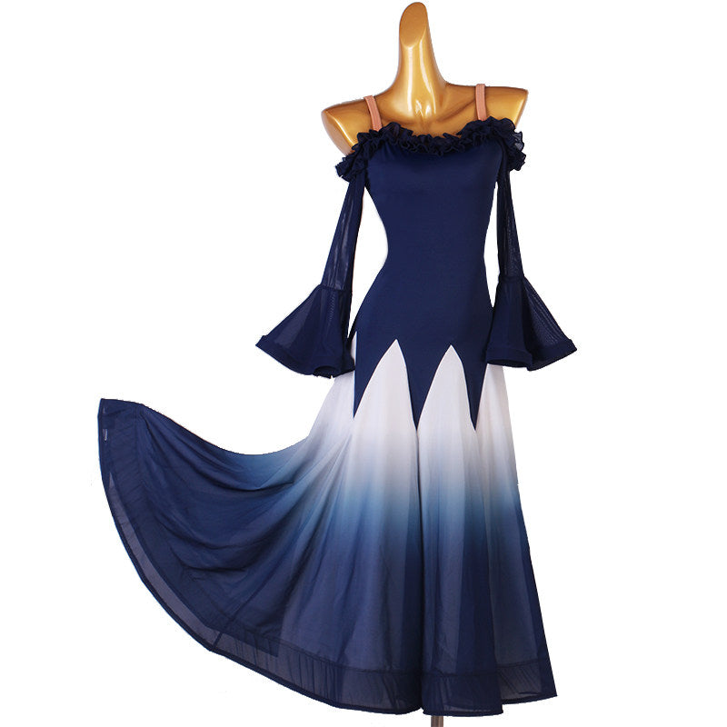 Navy ruffle off shoulder ballroom dress with the ombre skirt swept to the side