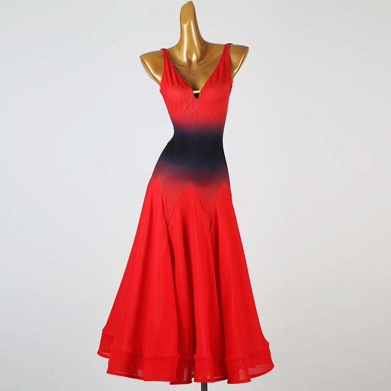 Red and black ballroom dress front view with the chiffon skirt hanging