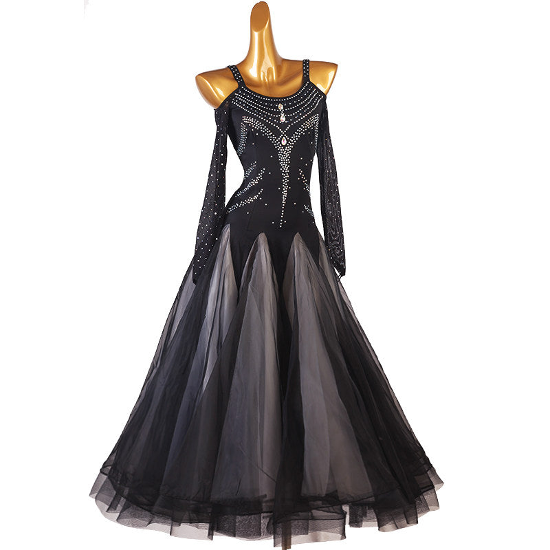 Black rhinestone ballroom dance dress front view with the tulle skirt hanging