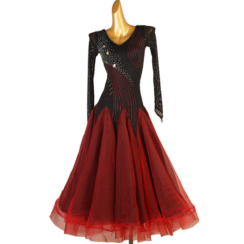 Black and red competition dress front view with the tulle skirt spread