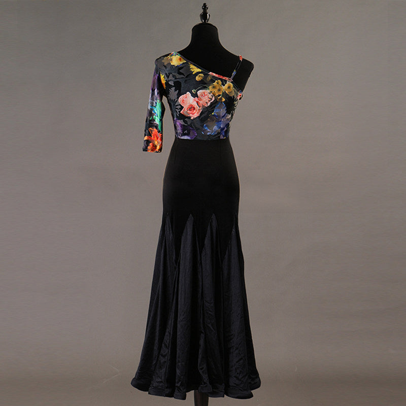 Floral print ballroom dress back view showing the one shoulder cut