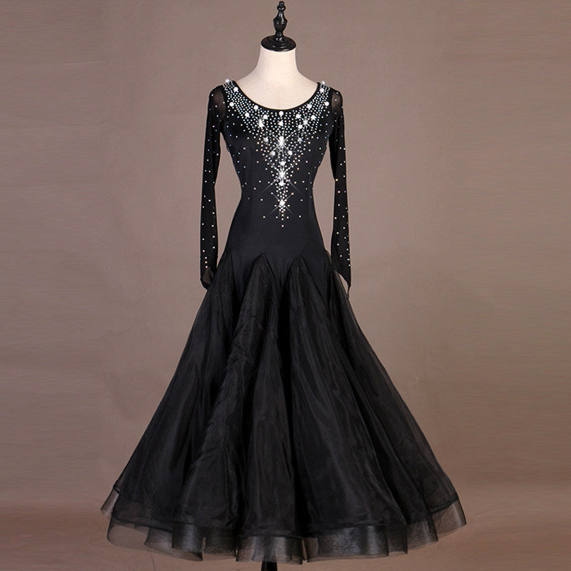 Black beaded ballroom gown three quarter view showing sleeve stones