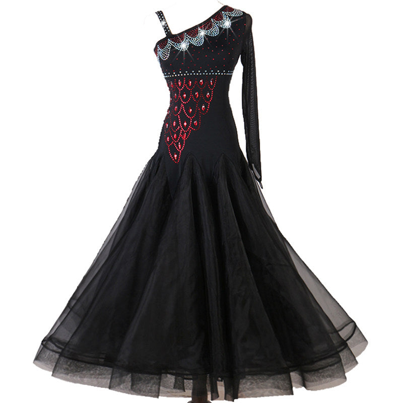 Black one shoulder ballroom dance dress with rhinestone strap