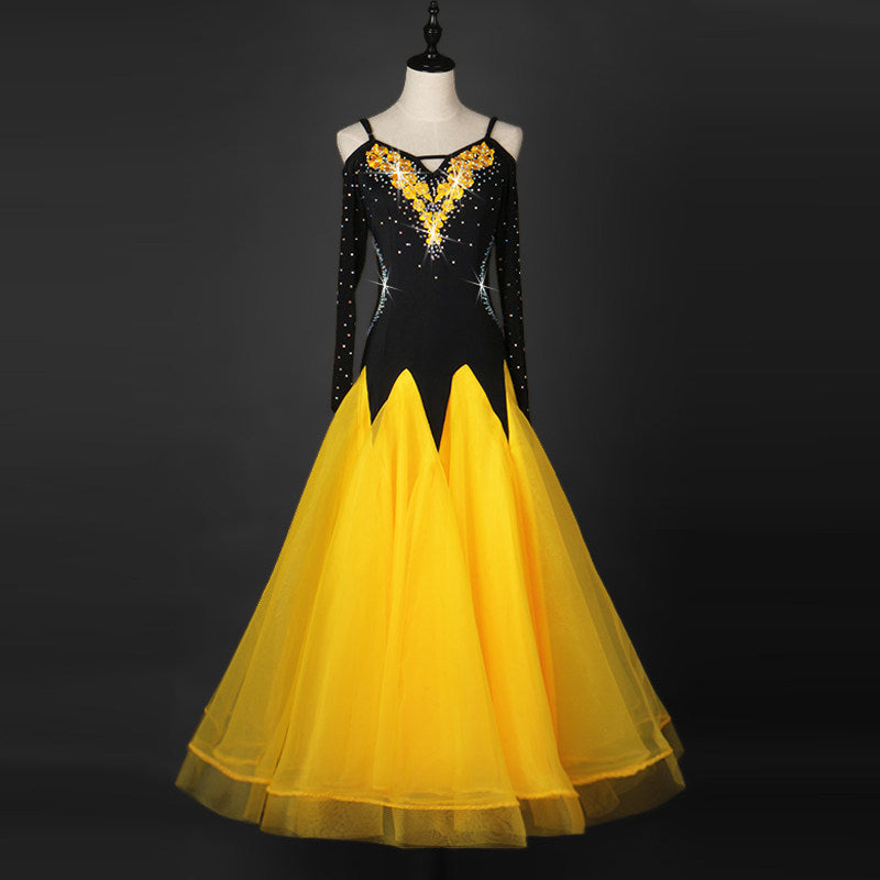 Yellow organza ballroom gown with rhinestone cold-shoulder bodice