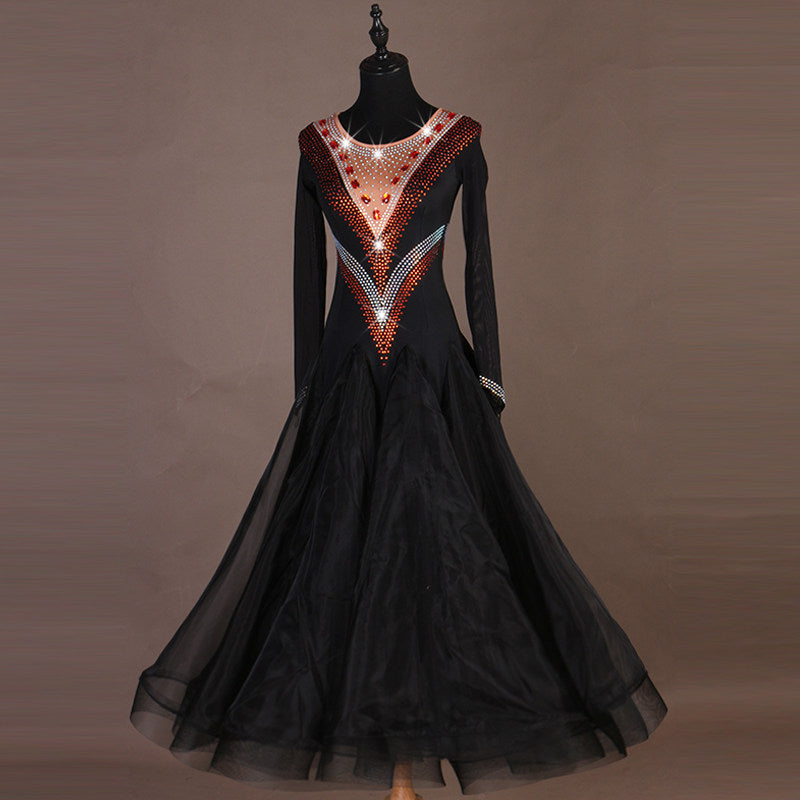 Black ballroom competition dress front view showing the double stone V