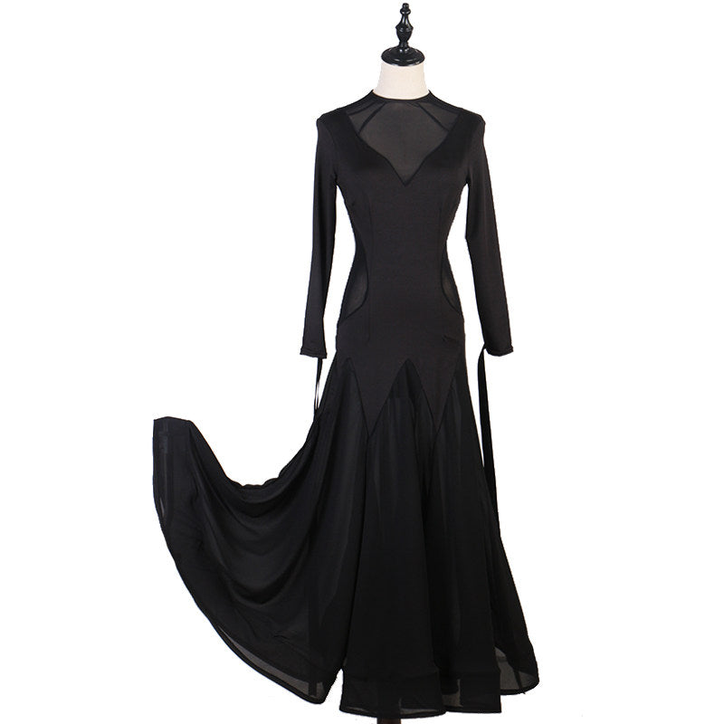 Black high neck mesh yoke ballroom practice dress on mannequin