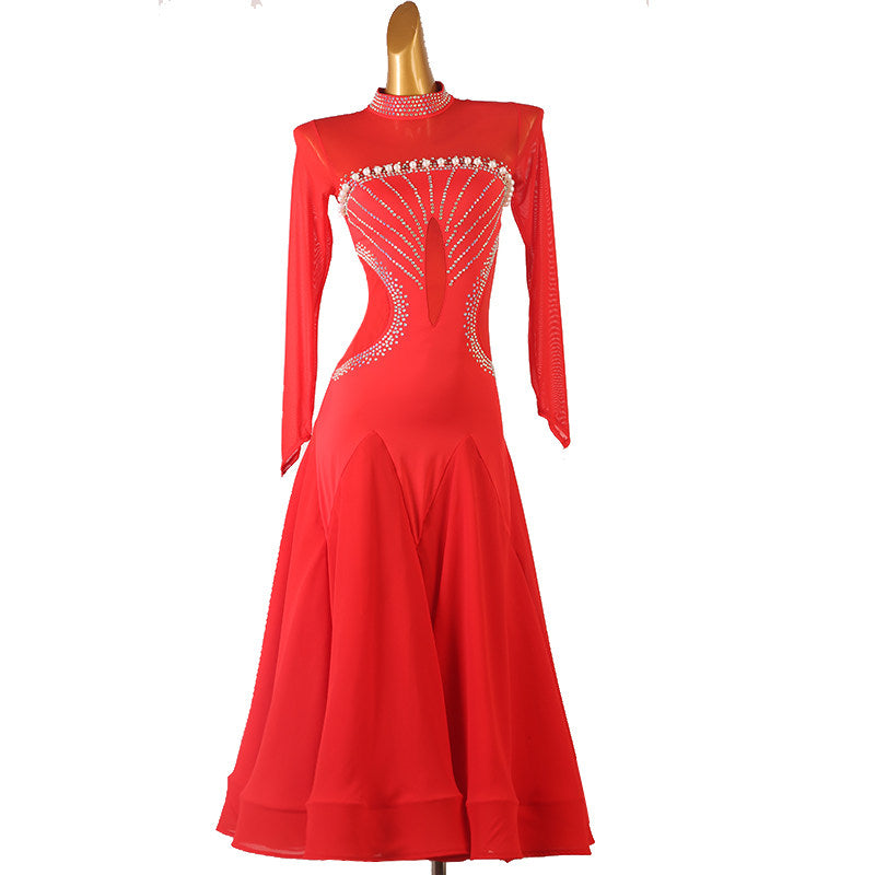 Red beaded collar ballroom competition dress on the mannequin