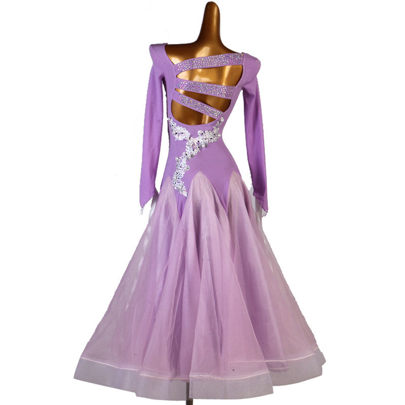Lilac version of the pearl lace applique ballroom dance dress on mannequin