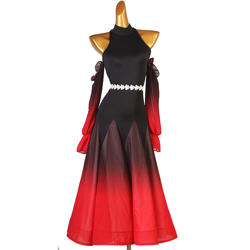 Black and red ombre halter ballroom dance dress with the skirt hanging straight