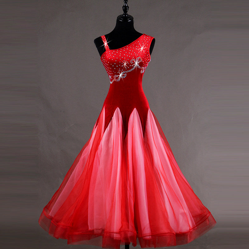Red ombre ballroom gown with black velvet camisole bodice