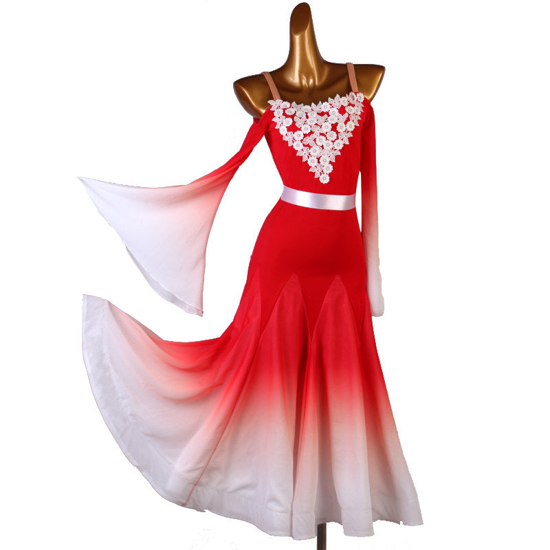 Red version of the lace yoke ballroom dance dress with ombre chevron skirt