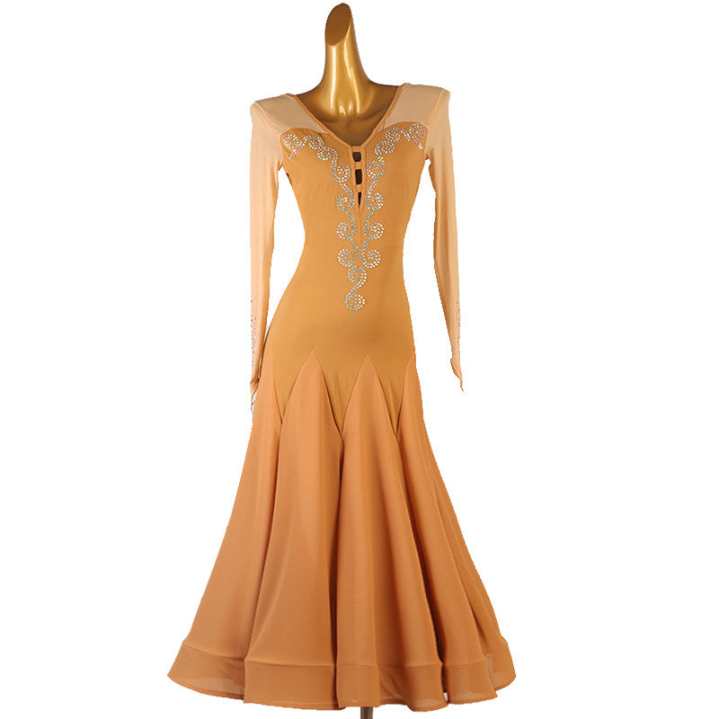 Champagne version of the silver scroll ballroom dance dress on mannequin