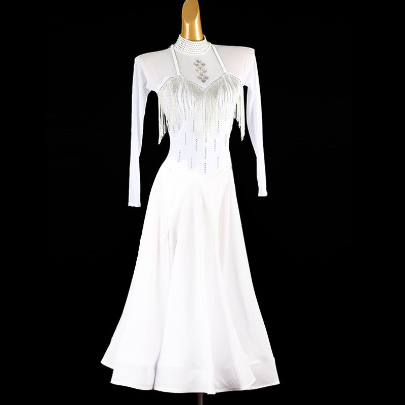 White ballroom competition dress front view with the godet skirt hanging