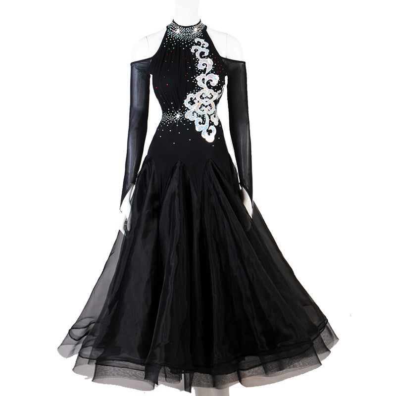 Black halter ballroom dance dress with silver scroll applique