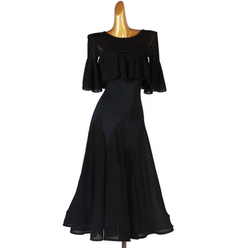 Black cape ruffle ballroom practice dress with godet panel skirt