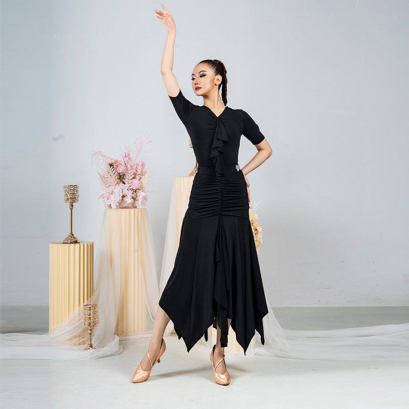 Black ruched yoke ballroom dance skirt seen from the front