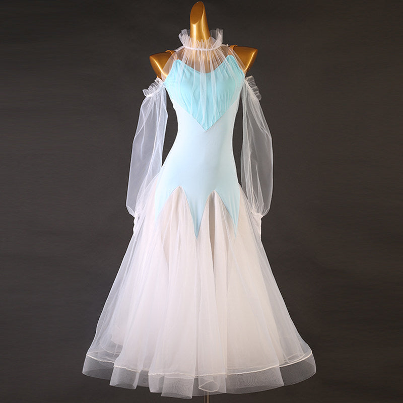 Light blue ruched yoke ballroom dress with a pale organza skirt
