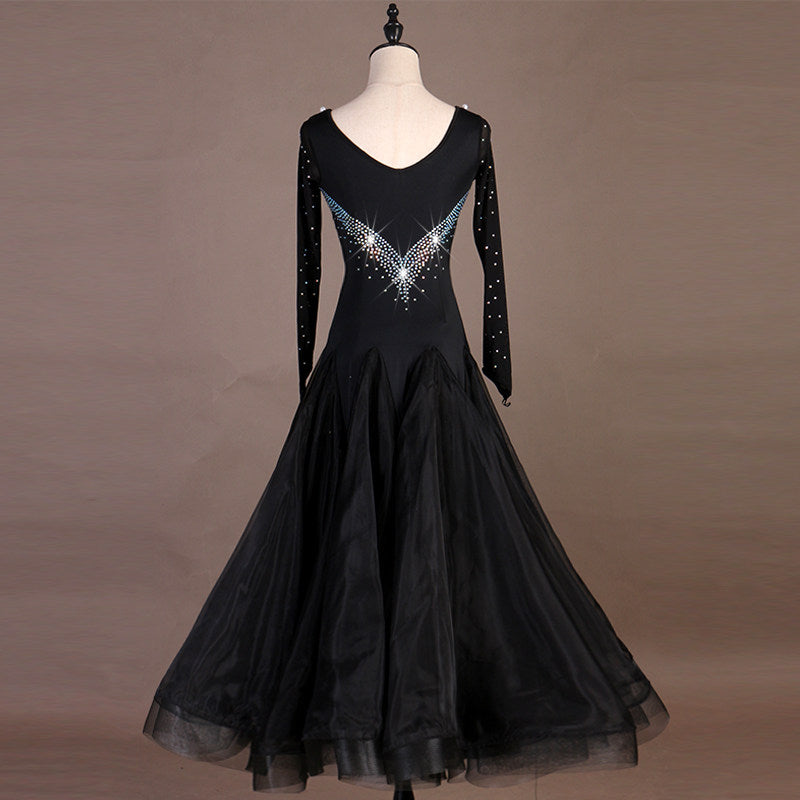 Black ballroom dance dress front view with full skirt spread