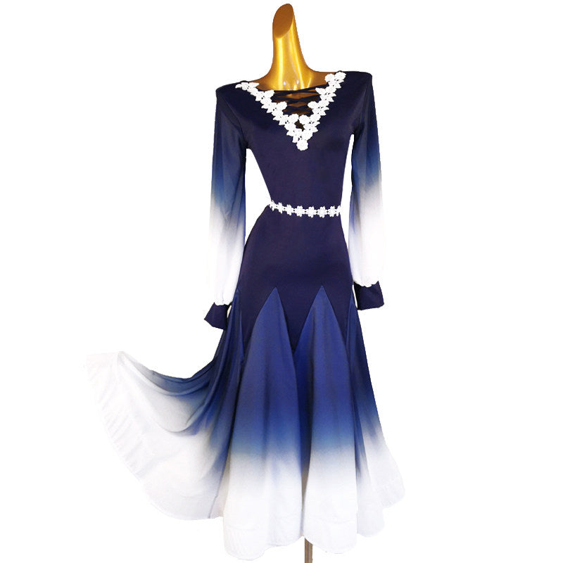 Navy and white version of the lace trim ombre ballroom dance dress