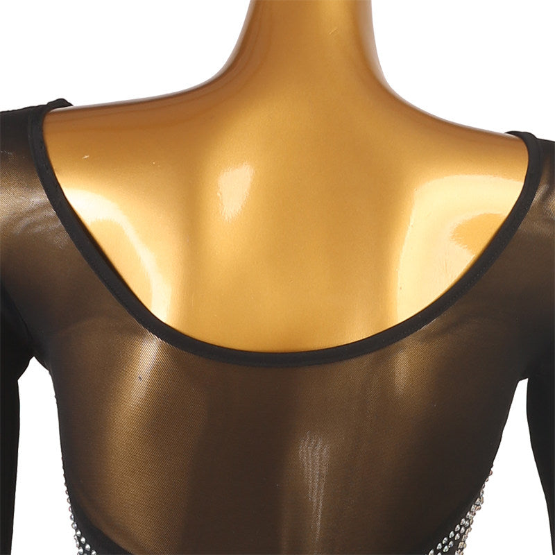 Close up of the sheer mesh back on the rhinestone starburst ballroom dress