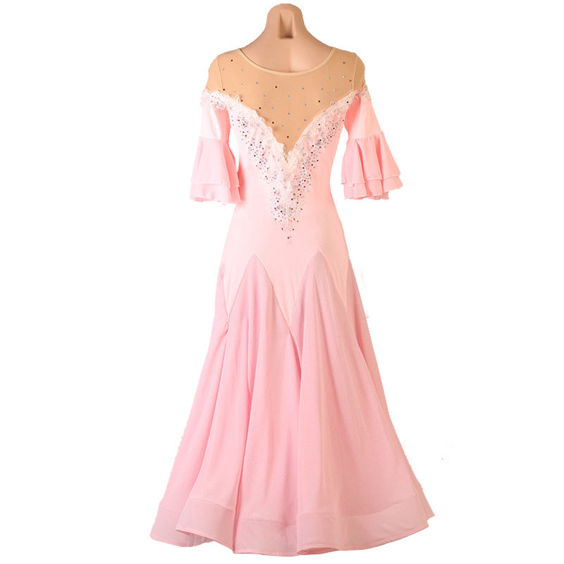Pink version of the lace trim illusion ballroom competition dress