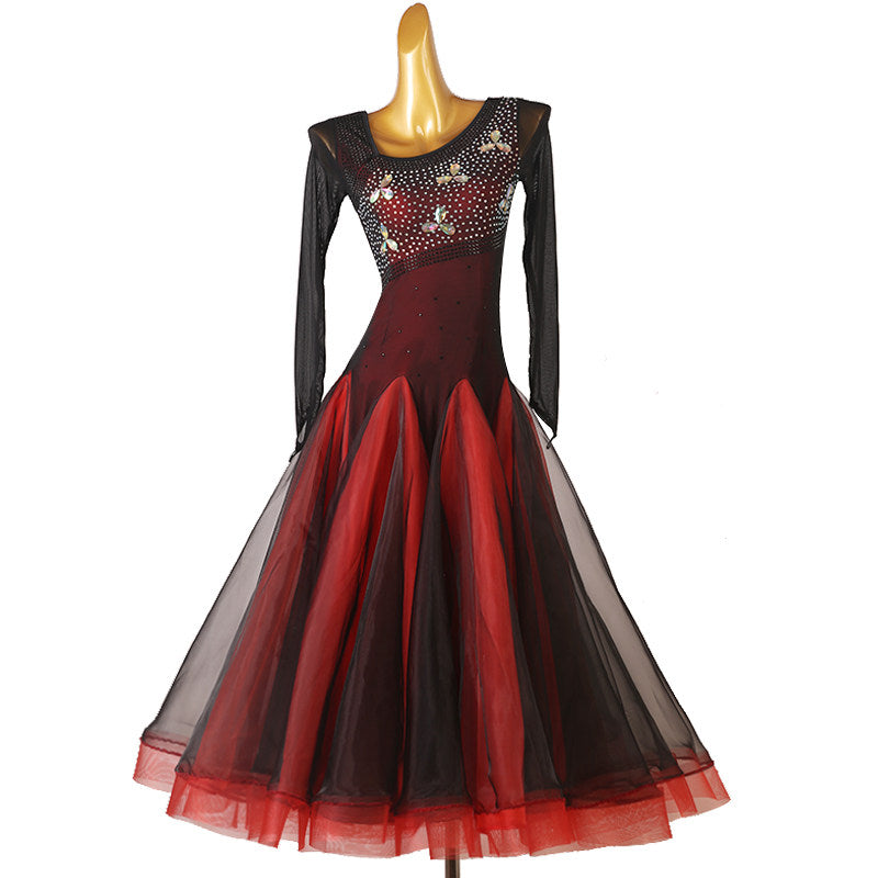Red beaded floral ballroom competition dress with black mesh skirt overlay